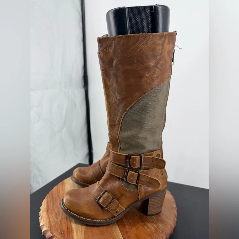 Durango harness tall boots sz 7 brown leather‎ green canvas